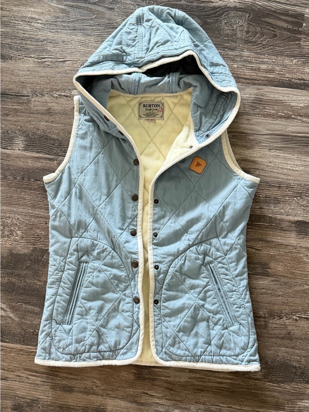 Burton Light Blue Quilted Hooded Vest with Cream Trim
